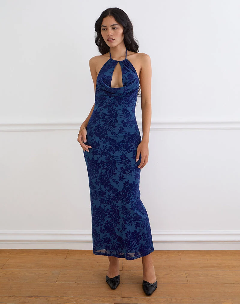 Robe longue Dawn, motif « Midnight Leaf Flock » bleu marine