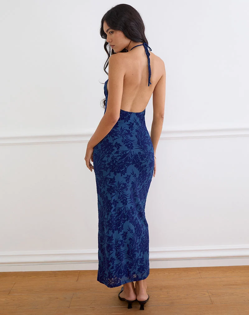 Robe longue Dawn, motif « Midnight Leaf Flock » bleu marine