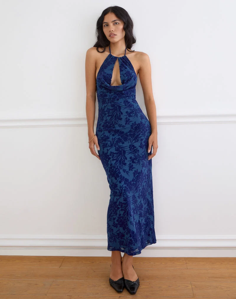 Robe longue Dawn, motif « Midnight Leaf Flock » bleu marine