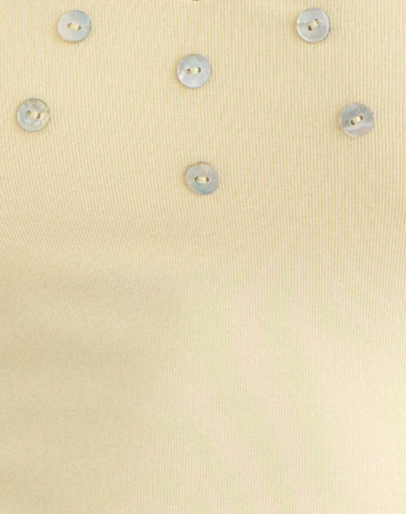 Haut Amita à boutons en perles, en maille côtelée, jaune beurre