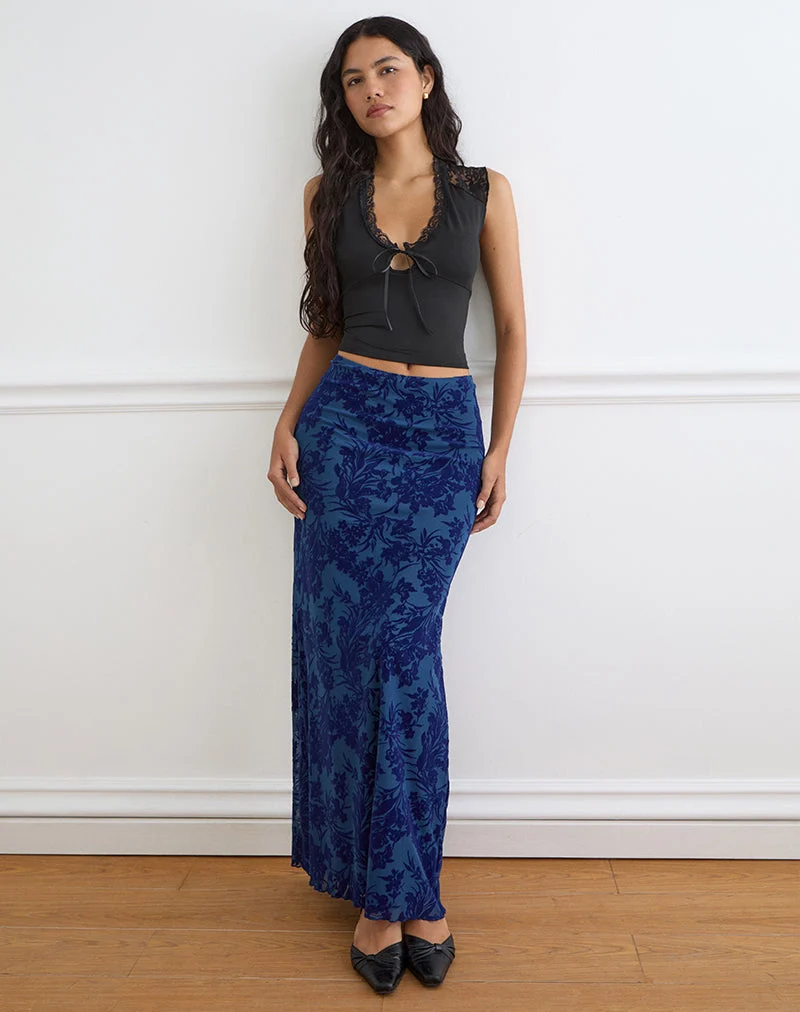 Jupe longue Alfreda, motif « Midnight Leaf Flock » sur fond bleu marine