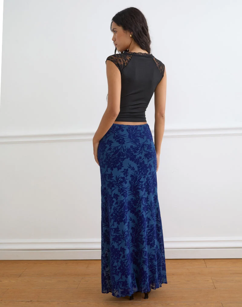 Jupe longue Alfreda, motif « Midnight Leaf Flock » sur fond bleu marine