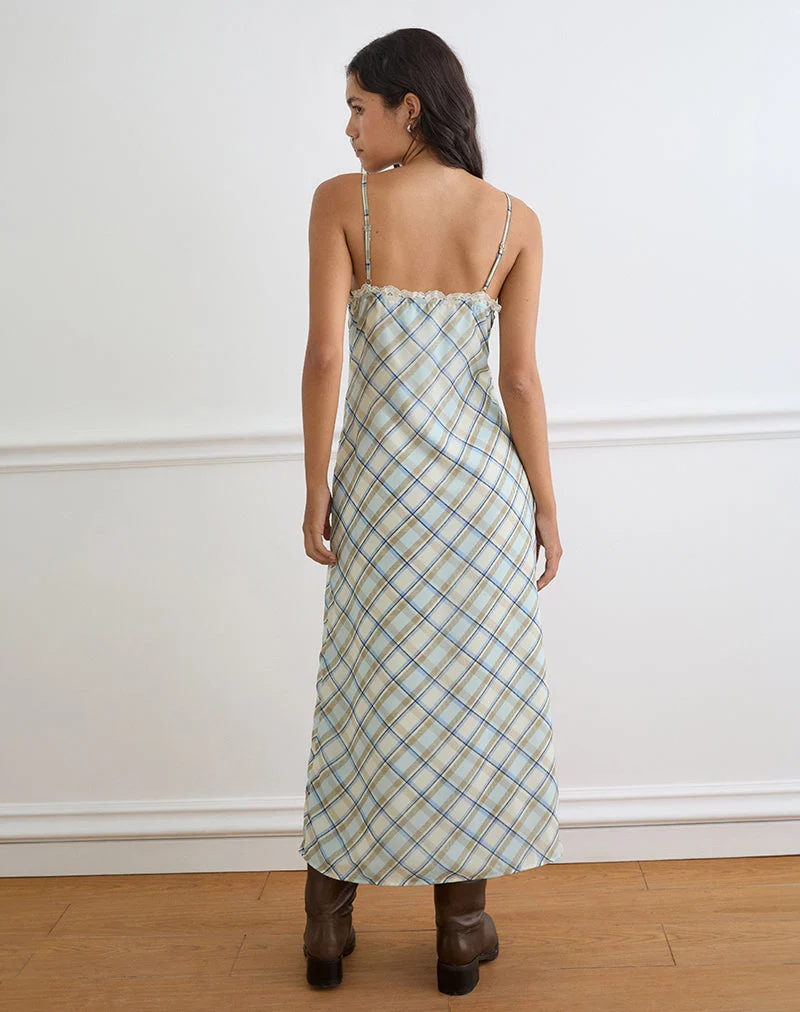 Robe longue Naska en mousseline à carreaux bleu vintage