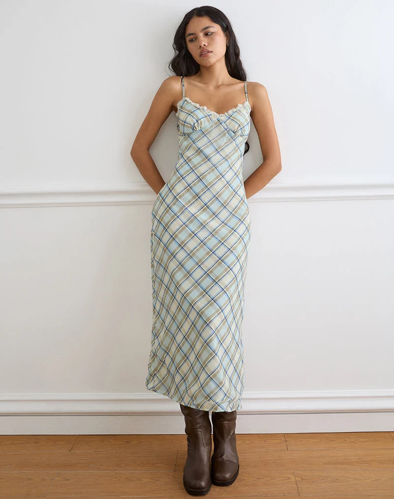 Robe longue Naska en mousseline à carreaux bleu vintage