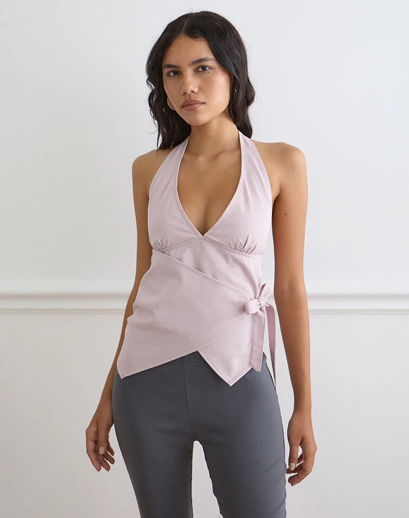 Haut à col licou Yung en sergé de coton rose pâle