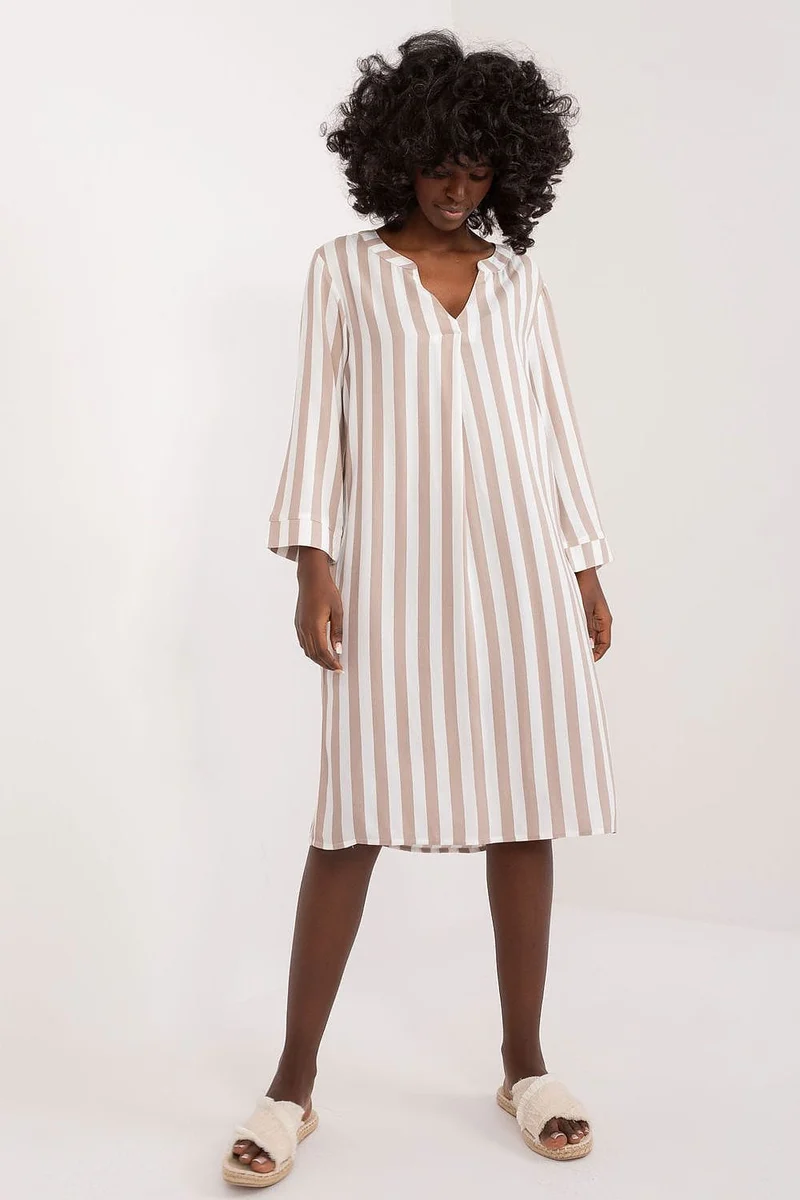 Robe casual rayée beige midi manches longues