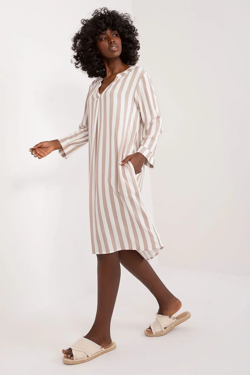 Robe casual rayée beige midi manches longues
