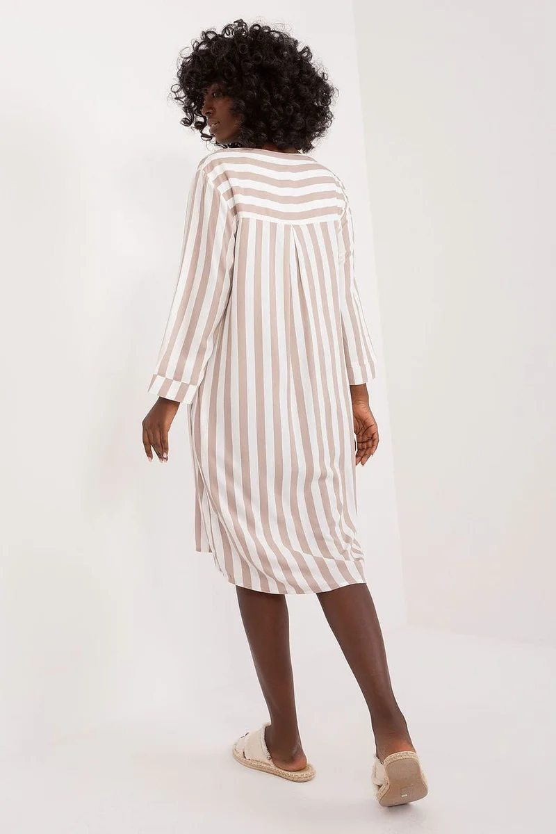 Robe casual rayée beige midi manches longues