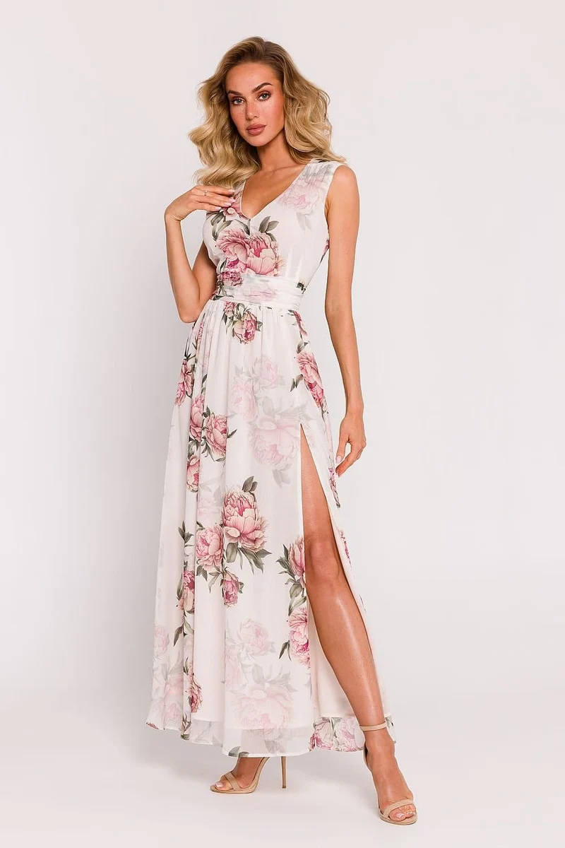 Robe longue fleurie fendue sans manches