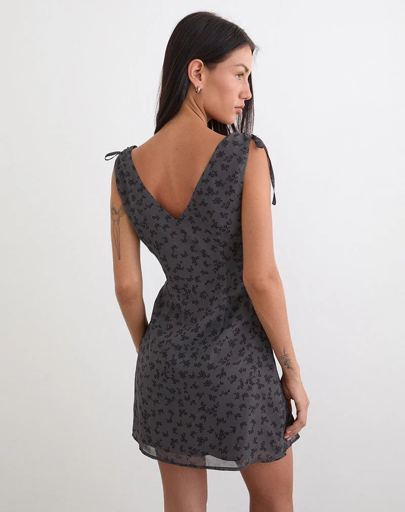 Mini-robe froncée Carmila à fleurs minimalistes gris foncé