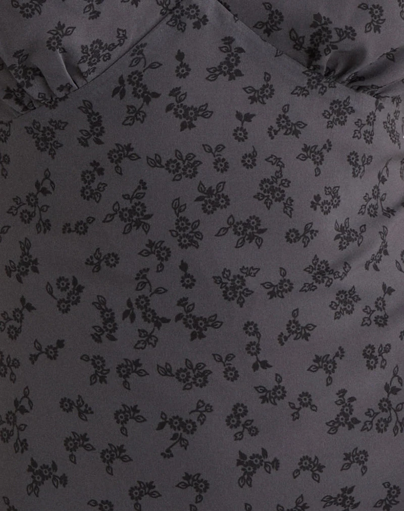 Mini-robe froncée Carmila à fleurs minimalistes gris foncé