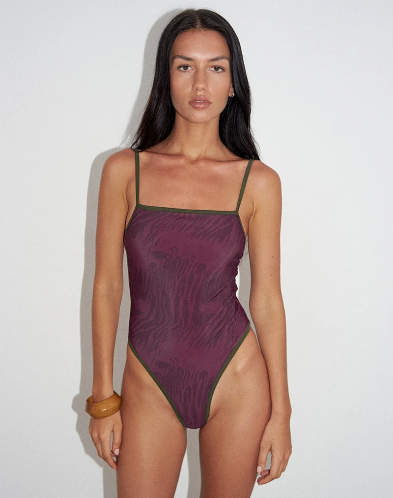 Maillot de bain Anavah à motif zèbre abstrait bordeaux avec bordure verte