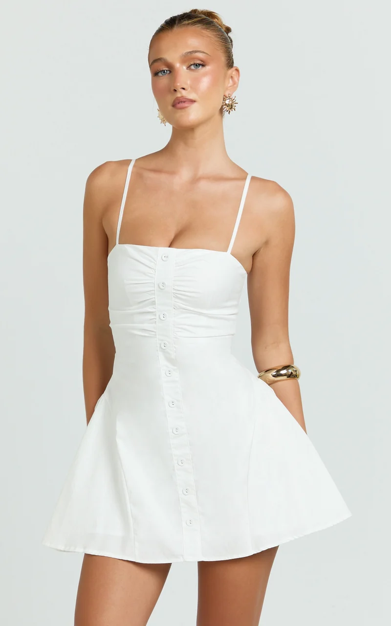 Monet Mini Dress - Button Down Ruched Front Fit And Flare Dress in Off White