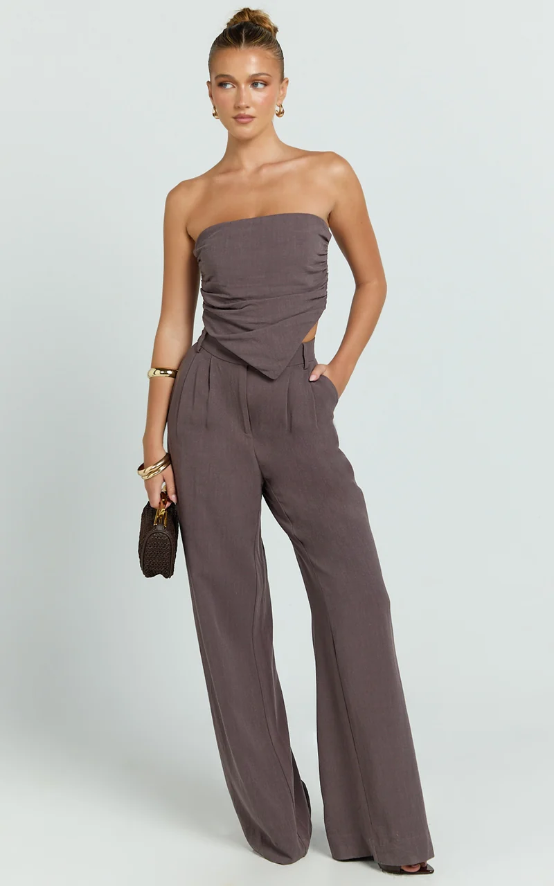 Norma Pants - High Waist Linen Blend Wide Leg Pants in Mushroom