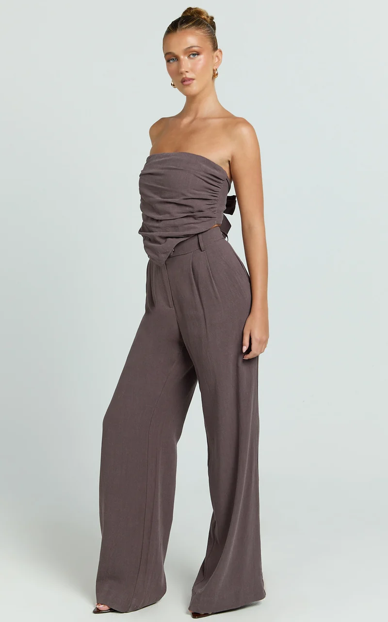 Norma Pants - High Waist Linen Blend Wide Leg Pants in Mushroom
