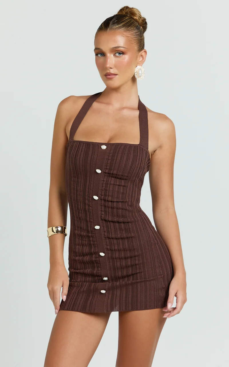 Julie Mini Dress - Halter Neck Button Front Bodycon Dress in Brown