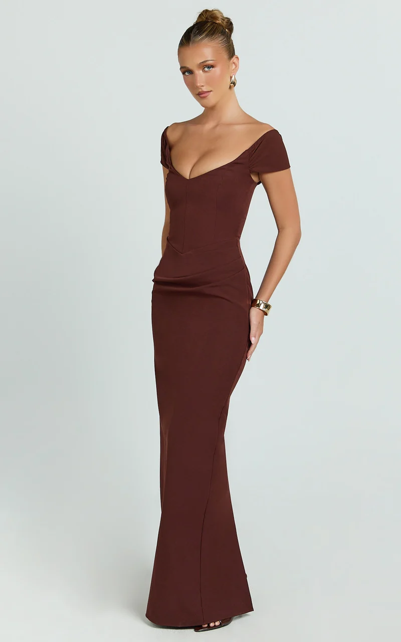 Veronika Maxi Dress - Off Shoulder Plunge High Split Dress in Chocolate