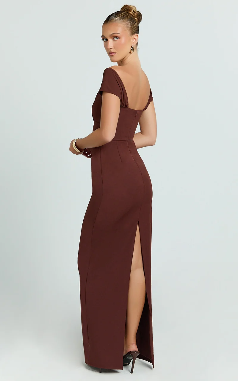 Veronika Maxi Dress - Off Shoulder Plunge High Split Dress in Chocolate