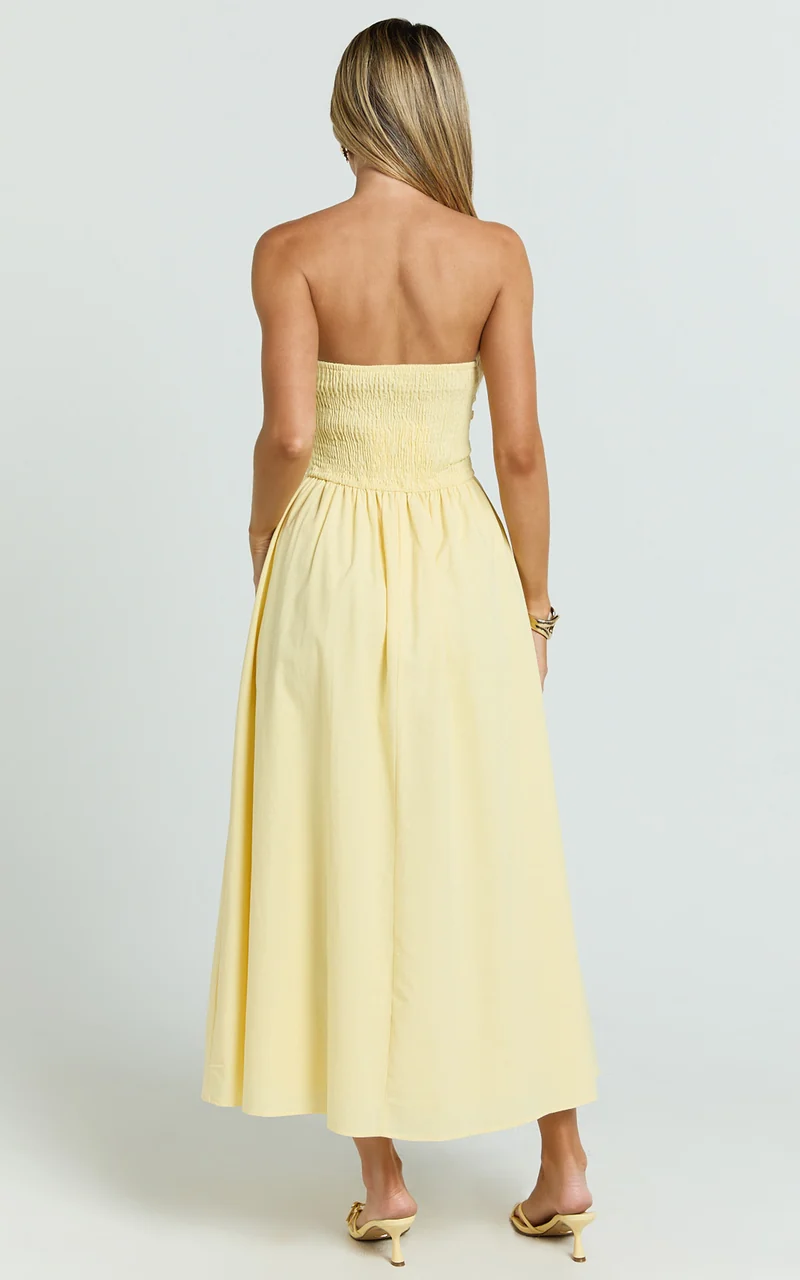 Polly Midi Dress - Strapless Ruched Dress in Lemon