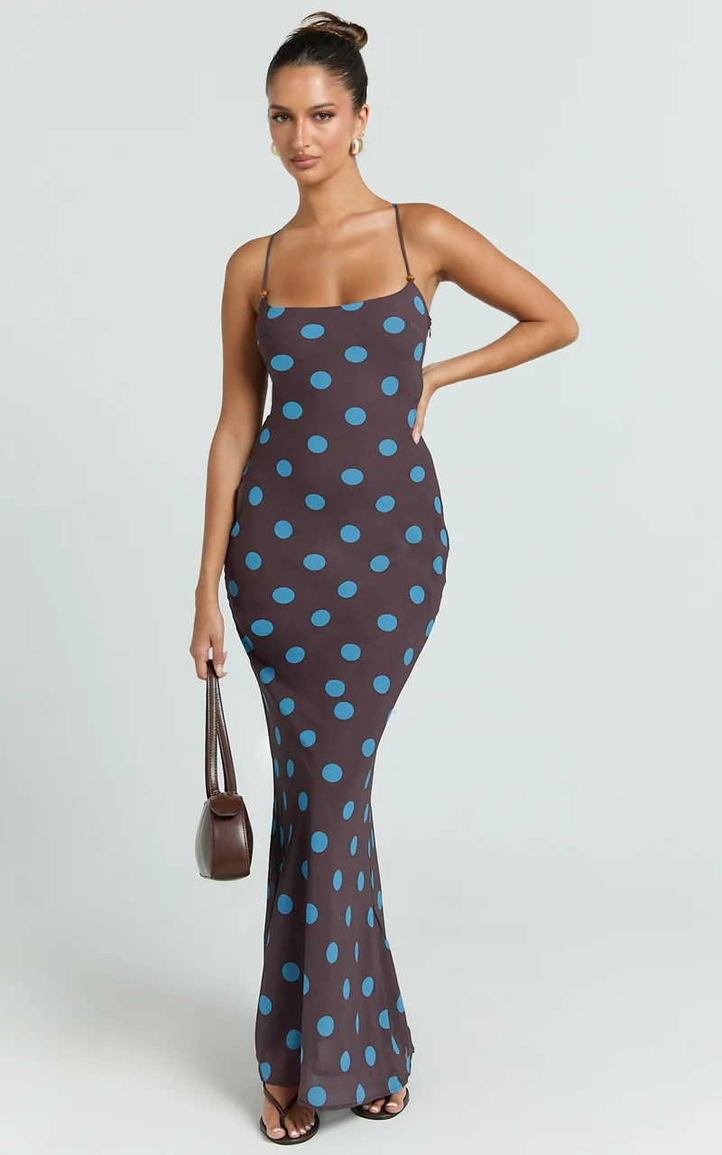 Krishna Maxi Dress - Strappy Scoop Neck Tie Back Dress in Polka Dot Print