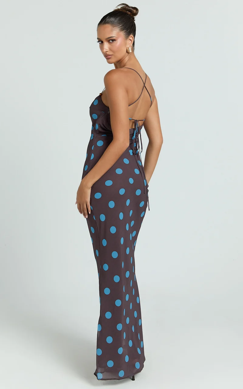Krishna Maxi Dress - Strappy Scoop Neck Tie Back Dress in Polka Dot Print