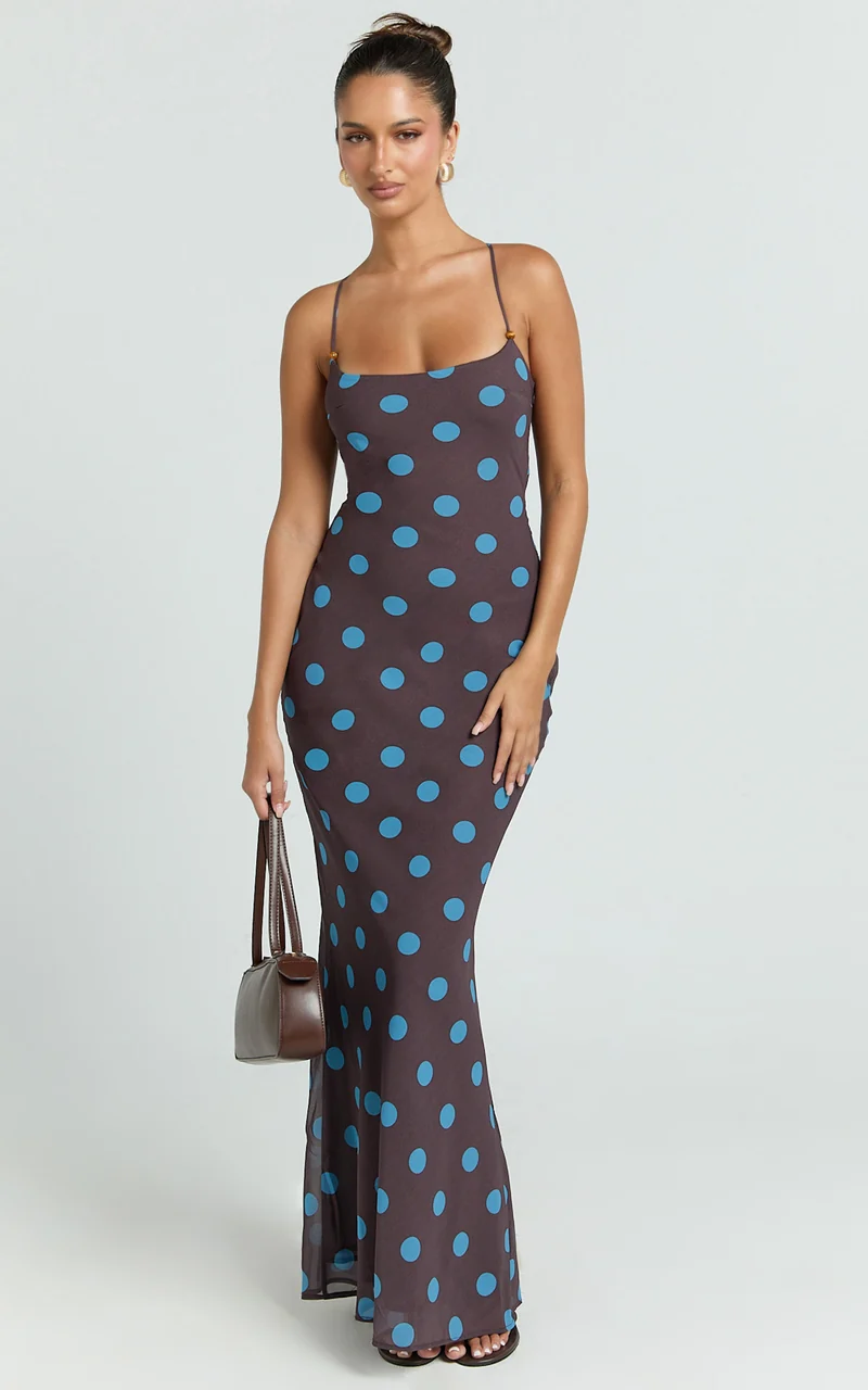 Krishna Maxi Dress - Strappy Scoop Neck Tie Back Dress in Polka Dot Print