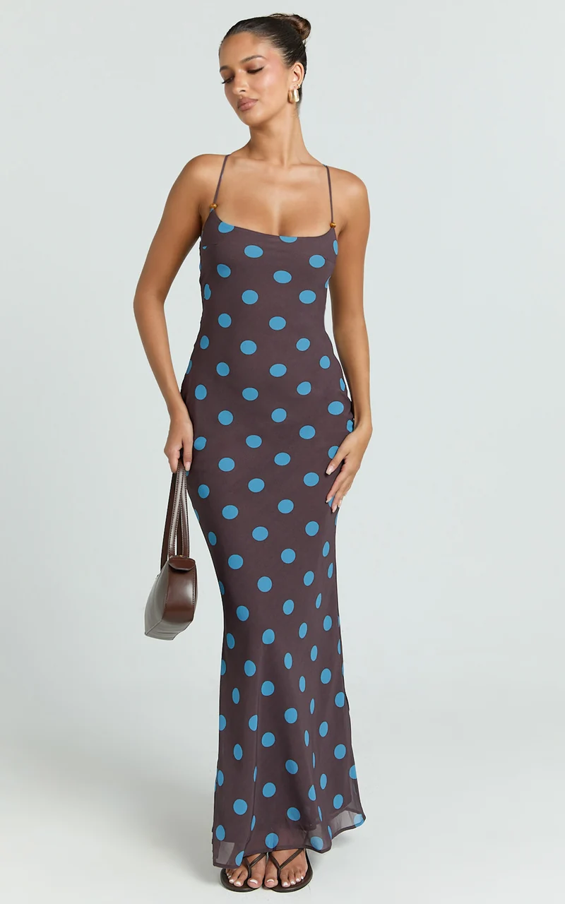Krishna Maxi Dress - Strappy Scoop Neck Tie Back Dress in Polka Dot Print