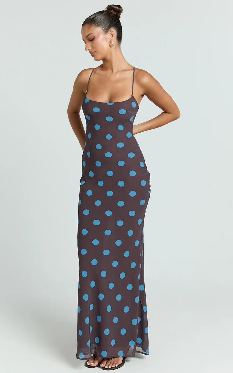 Krishna Maxi Dress - Strappy Scoop Neck Tie Back Dress in Polka Dot Print