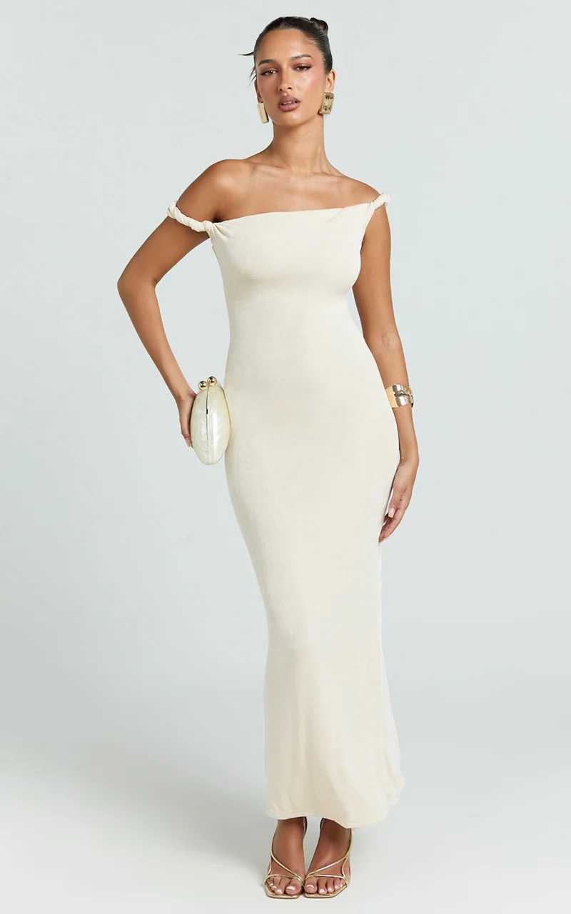 Isabel Midi Dress - Twist Off Shoulder Bodycon Dress in Cream