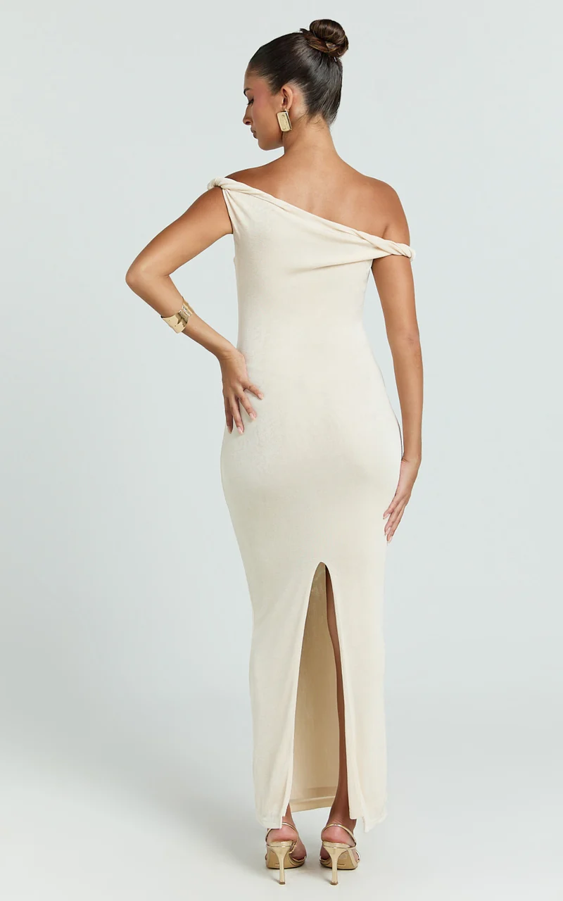 Isabel Midi Dress - Twist Off Shoulder Bodycon Dress in Cream