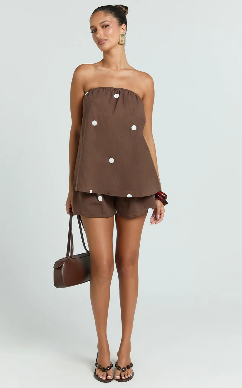 Amy Two Piece Set - Strapless Top and Short Set in Chocolate Polka Dot