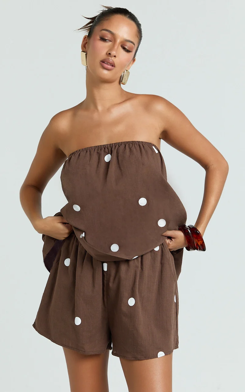 Amy Two Piece Set - Strapless Top and Short Set in Chocolate Polka Dot