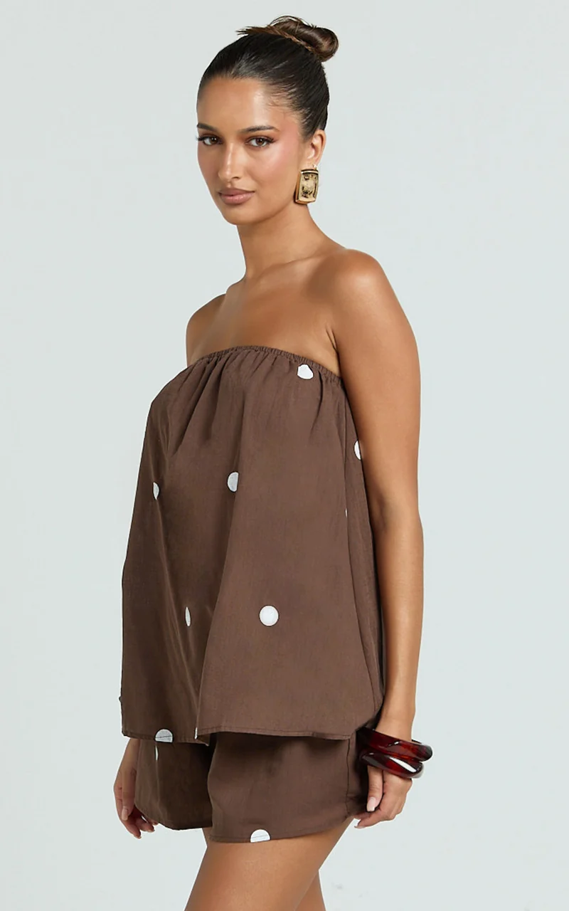 Amy Two Piece Set - Strapless Top and Short Set in Chocolate Polka Dot