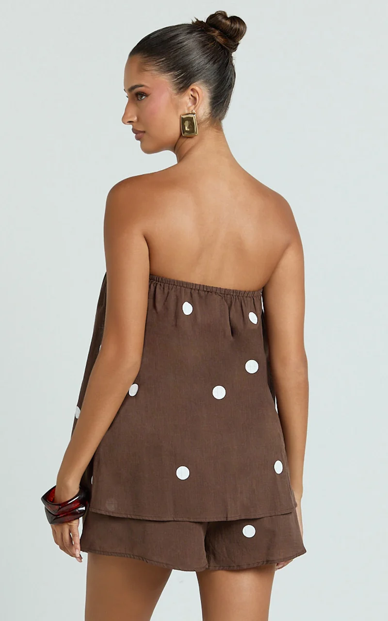 Amy Two Piece Set - Strapless Top and Short Set in Chocolate Polka Dot