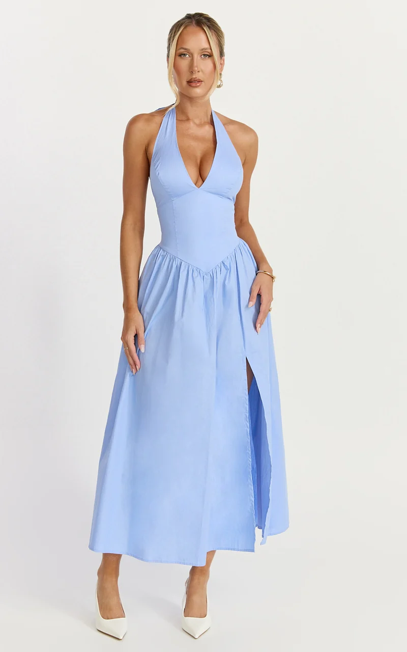 Etta Midi Dress - Plunge Fit And Flare Dress in Cornflower Blue