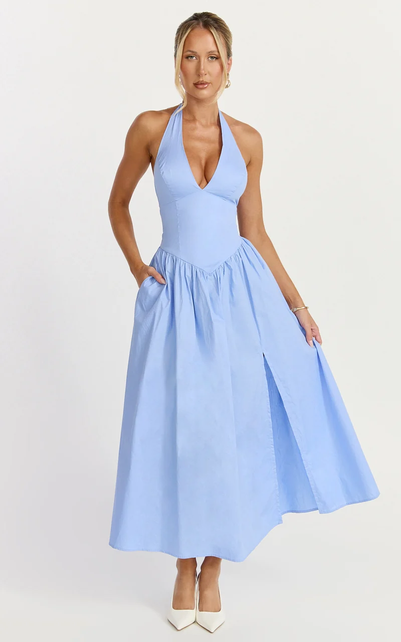 Etta Midi Dress - Plunge Fit And Flare Dress in Cornflower Blue