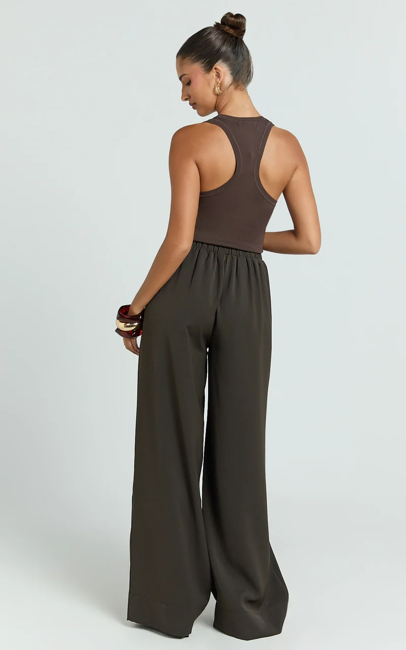 Nicole Pants - High Waist Elasticated Gathered Waist Wide Leg Pants in Chocolate