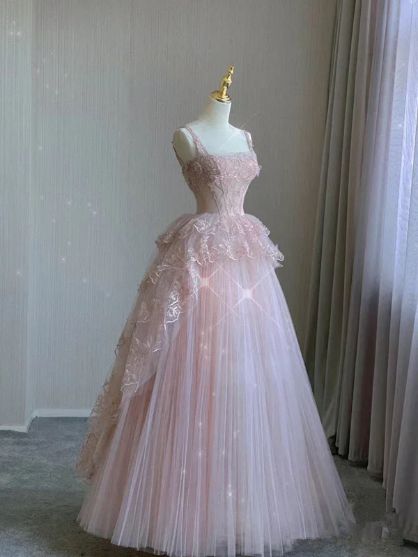 Robe de bal rose en tulle à bretelles pour femme, tenue d'anniversaire