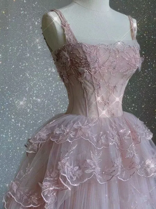 Robe de bal rose en tulle à bretelles pour femme, tenue d'anniversaire