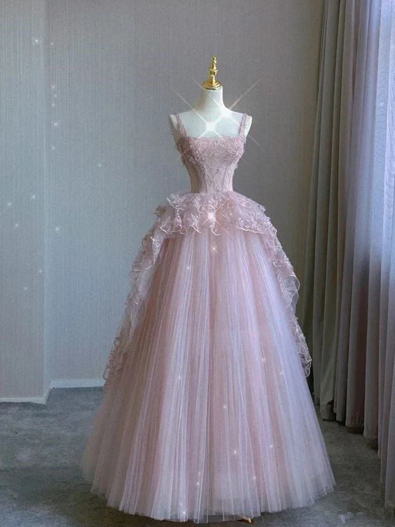Robe de bal rose en tulle à bretelles pour femme, tenue d'anniversaire