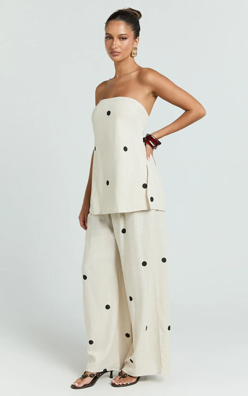 Skye Two Piece Set - Strapless Longline Top and Pant Set in Natural Polka Dot