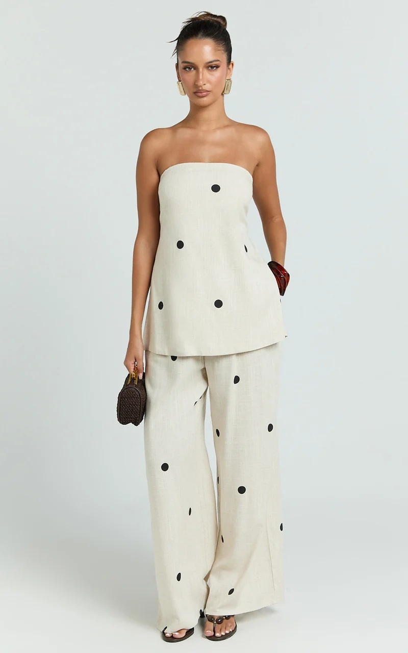 Skye Two Piece Set - Strapless Longline Top and Pant Set in Natural Polka Dot