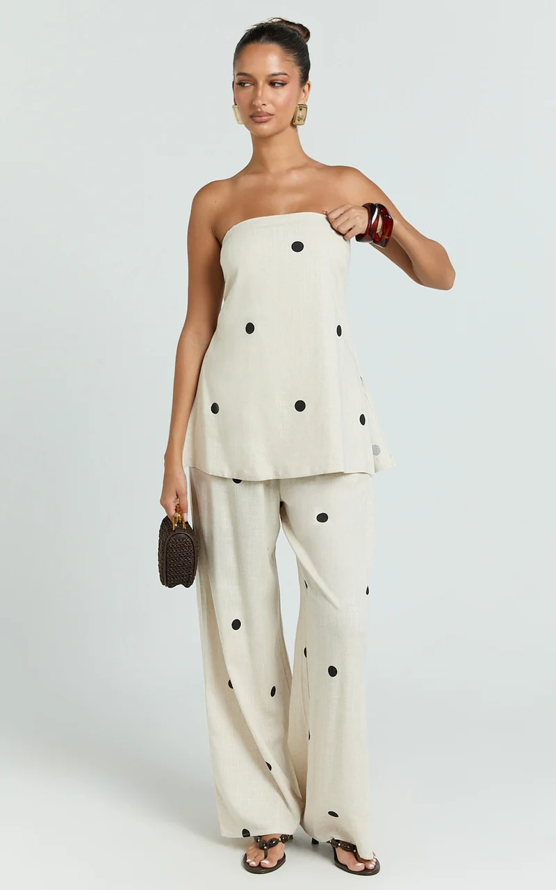 Skye Two Piece Set - Strapless Longline Top and Pant Set in Natural Polka Dot