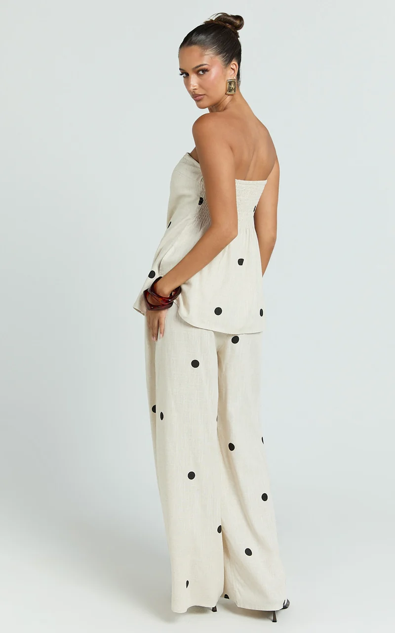 Skye Two Piece Set - Strapless Longline Top and Pant Set in Natural Polka Dot