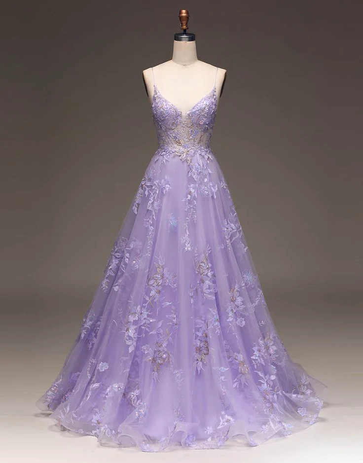 Robe de bal romantique longue transparente à paillettes et appliques