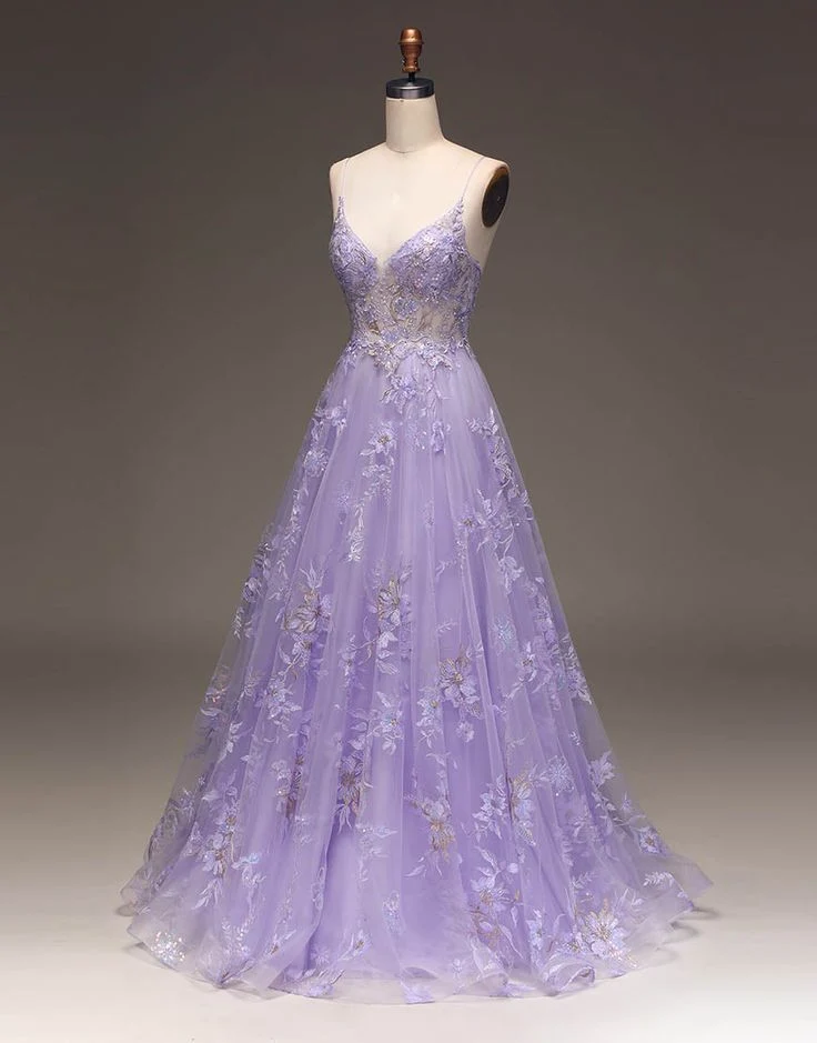 Robe de bal romantique longue transparente à paillettes et appliques