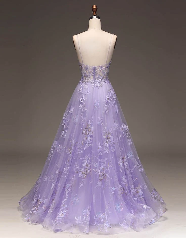 Robe de bal romantique longue transparente à paillettes et appliques