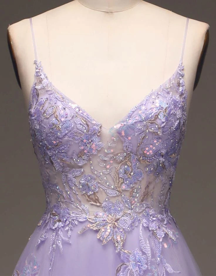 Robe de bal romantique longue transparente à paillettes et appliques