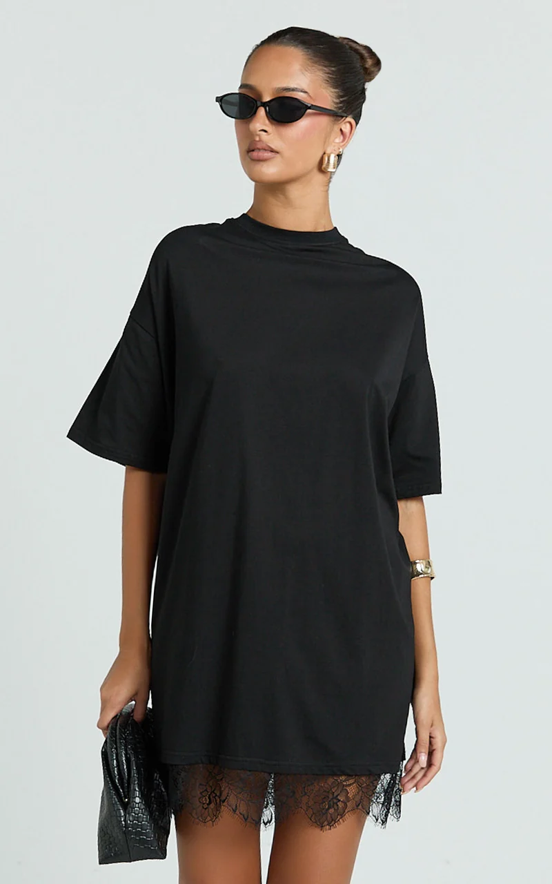 Rina Mini Dress - Mini Lace Trim Dress in Black