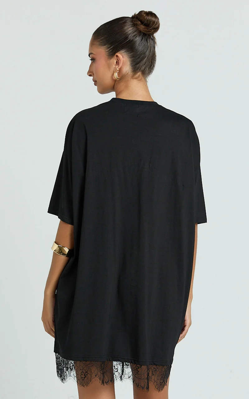 Rina Mini Dress - Mini Lace Trim Dress in Black